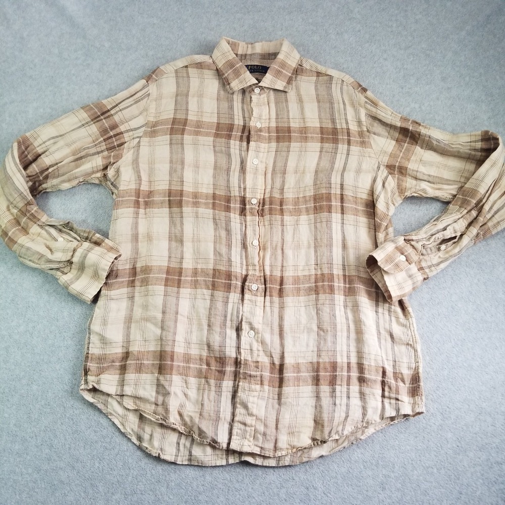 Polo Ralph Lauren Mens Large Brown Beige Plaid Linen Button Up Shirt Long Sleeve